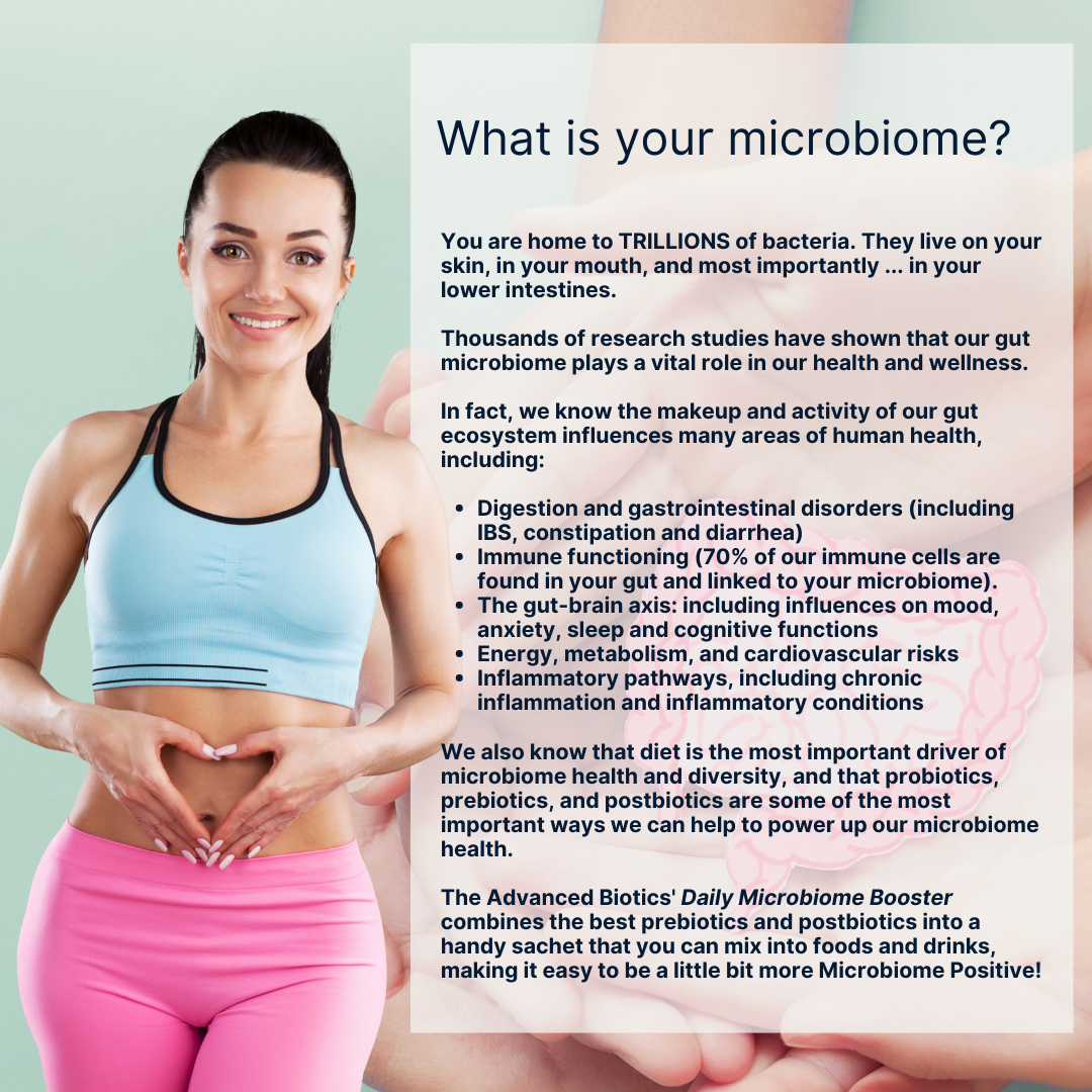 The Daily Microbiome Booster contains prebiotics, postbiotics and collagen in a handy sachet you can mix into food or drink
